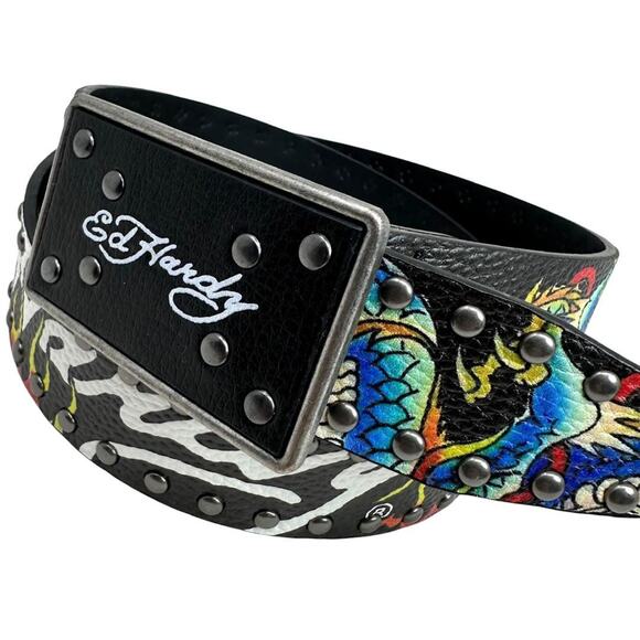 Ed Hardy Men's Dragon Tattoo Rivet Studs Black Belt With Plaque Buckle - Picture 2 of 6